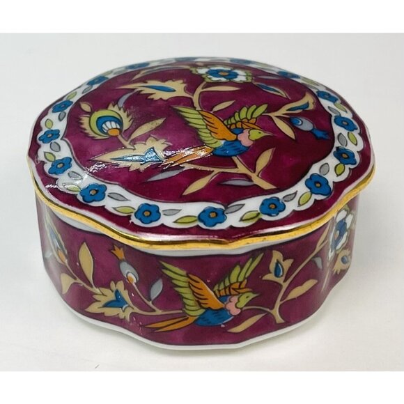 VTG SILK ROAD by Takahashi Plum Handpainted Ceramic TRINKET BOX & TRAY Bird EUC - Picture 2 of 5